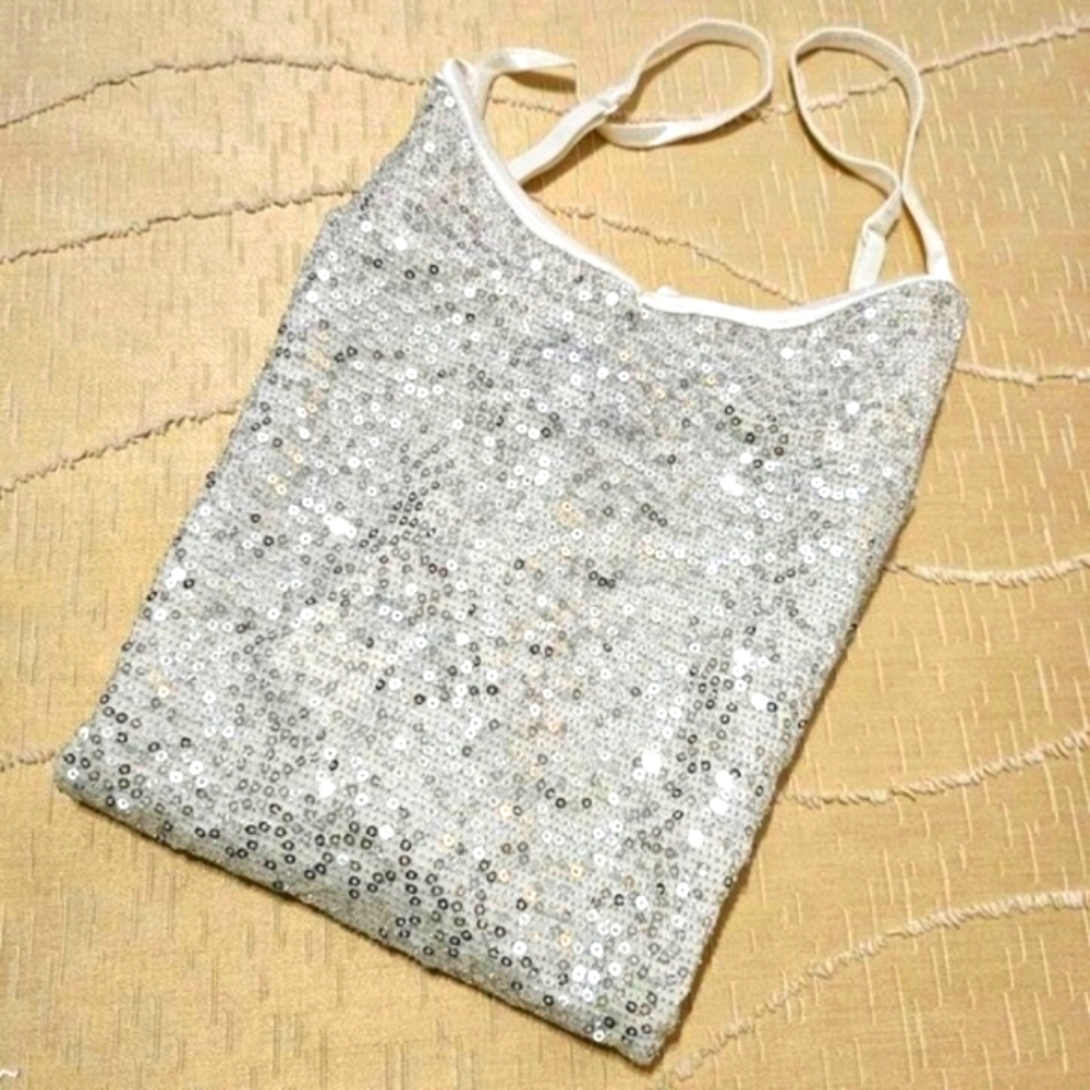 NWT EXPRESS SILVER SEQUIN CAMI with ADJUSTABLE SPAGHETTI  STRAPS SZ S/P